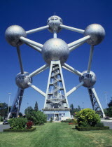 The Atomium. There are nine steel spheres  housing exhibition spaces and a restaurant  connected via tubes with escalators.
