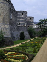 Chateau d Angers formal gardens and towers.