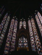 Sainte Chapelle interior view of stained glass windows.Saint