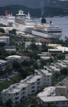 View over the harbour with moored cruise liner.