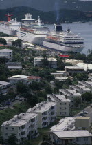 View over the harbour with moored cruise liner.