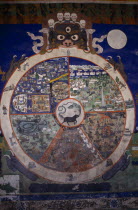 Fresco on Buddhist monastery wall depicting Yamantaka  the terminator of death holding the wheel of life illustrating the six realms of existence including human.