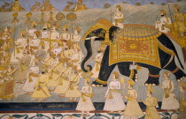 Detail of painting depicting the use of elephants in battle in Meherangarh Fort.