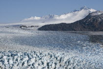 View of Glacier OHiggins with OHiggins mountain on the right and Southern Ice Fields  Hielo Sur  in the background. Trek from Glacier Chico  Chile  to El Chalten  Argentina