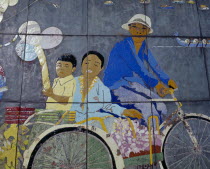 Painted mural depicting city skyline  dragon boat racing  orchids and trishaw driver.