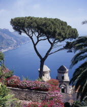 Villa Rufolo  view from gardens over bay towards Maiori  Salerno with tree in foreground.