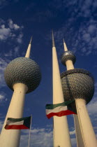 Kuwait Towers and National flags.