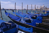 Line of gondolas moored at Piazza San Marco jetty with Santa Maria della Salute in distance behind.