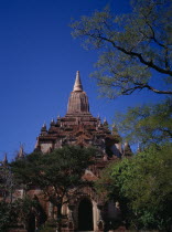 Shwegugyi Pahto or Great Golden Cave in old city.  Exterior framed by trees showing decorated style with tall  corncob  sikhara above sanctum stressing vertical line.temple 1131 AD Burma Pagan Bagan...