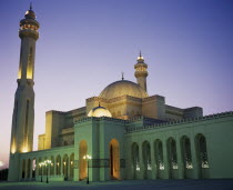 Al Faith Mosque.  Exterior and minaret illuminated at night.Moslem Muslim
