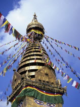 Swayambhunath Stupa with Buddhas Eyes - 5 different shaped layers representing Earth Air Water Fire Life - the . represents unity of the universeCapital Cityarchitecturereligion.religious symbolIm...