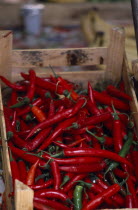 Red Hot Chilli Peppers in a market stall crate