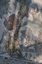 Piazza Armerina. Villa Romana del Casale. Detail of Roman Mosaic depicting figures and animals