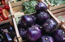 La Vecciria Market. Fresh vegetables on market stall with detail of aubergines in wooden crates