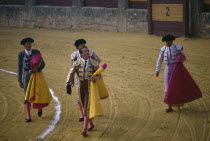 Ronda.  Matadors acknowledging crowds in the Plaza de Toros bullring. Andalusia