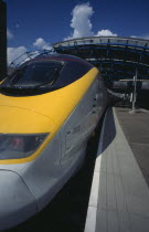 Eurostar train at Waterloo Station platform.  Part view from front.