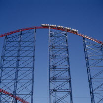 View looking up at a carriage at the top of The Big One roller coaster  the tallest in the world