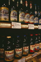 Display of traditional Belgian beers for sale.