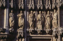 Grand Place.  Hotel de Ville  detail of facade decorated with statues representing the Dukes and Duchesses of Brabant. Stadhuis15th Century  Stadhuis15th Century