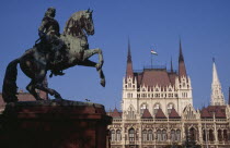 Parliament building with equestrian statue of Ferenc Rakoczi in foreground.Eastern Europe  Eastern Europe