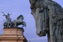 Heroes  Square erected to mark the 1000th anniversary of the Magyar conquest.  Cropped view of equestrian statues on the Millennary Monument.Eastern Europe  Eastern Europe