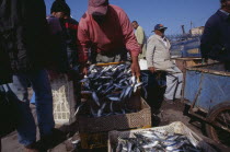 Unloading catch of freshly caught and salted fish in crates on quayside.