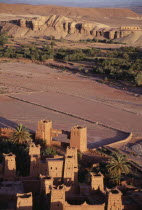 Kasbah and hill town used in films such as Jesus of Nazareth and Lawrence of Arabia.  Looking down on sandstone buildings and surrounding landscape.