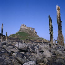 Lindisfarne Castle with barnacle covered rocks and sea-worn timber posts in foreground.erosion Great Britain United Kingdom