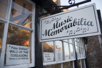 Music Memorabilia shop sign.Great Britain UK United Kingdom British Isles Store