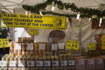 French Market. Stall with a selection of jars and tinned food on displayGreat Britain United Kingdom UK