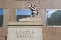 London Bridge detail with statue of Griffin on the Southwark side. Griffins mark the historical city boundary and are where travellers paid their tolls.United Kingdom Great Britain UK