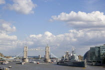 View along the river Thames from London Bridge toward HMS Belfast and Tower Bridge.United Kingdom Great Britain UK