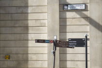 Threadneedle Street sign on the exterior of the Bank of England Building.United Kingdom  City CBD Central Business District Great Britain UK