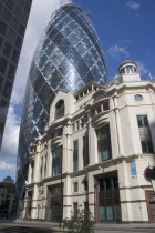 The Swiss Re building 30 St Mary Axe alternatively known as the Gherkin. Designed by Architect Sir Norman Foster.United Kingdom  City Great Britain UK
