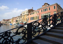 A wrought iron bridge heading north out of the Ghetto Novo onto Fondamenta Degli Ormesini in Cannaregio district