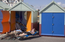 Colourful beach huts near Hove lagoon.Colorful Great Britain United Kingdom