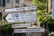 The Basque seaside resort on the Atlantic coast. Bilingual roadsign in the centre of the town. French and Basque language.