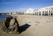 The Basque seaside resort on the Atlantic coast. The Grande Plage beach with the Casino Municipal on the right and the Hotel du Palais on the left