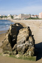 The Basque seaside resort on the Atlantic coast. The Grande Plage beach with the Hotel du Palais beyond.