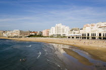 The Basque seaside resort on the Atlantic coast. The Grande Plage beach with the Casino Municipal on the right and the Hotel du Palais on the left