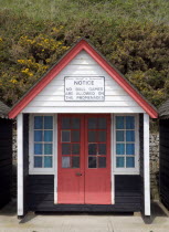 Beach hut on The East Beach with a sign saying that no ball games are to be playe