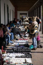 Native American Pueblo Indian market stalls under the arches of the Governors Palace in the Plaza