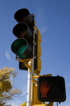 Traffic lights showing green and pedestrian lights showing red on the Old Santa Fe Trail