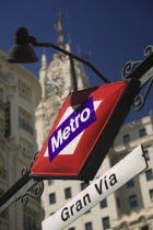 City centre metro sign  Gran Via. Underground train station.TravelHolidaysTourismLogo Center