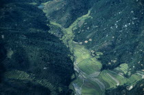 Aerial view over rice paddies across valley south of Pusan.