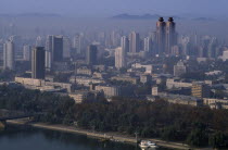 Cityscape with the Koryo Hotel twin towers amongst other skyscrapers.