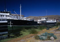 Lake Titicaca.  Yavari  the oldest ship on Lake Titicaca moored at the bankside.
