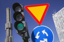 Traffic signal and signs in Sergels Torg.travelScandinaviaSwedenStockholmtransportNorthern Europe Swedish