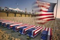 A graphic protest against the war in Iraq beneath Santa Monica Pier. Each white cross represents a member of the American armed forces who has lost their lifebeachcrosspeace movementanti-warprote...