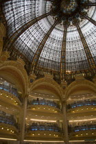 The Art Nouveau central glass dome and balconies of the Galeries Lafayette department storeFrench Western Europe European